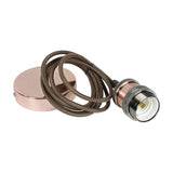 LYYT ES Pendant Set in antique copper with E27 lamp holder, knurled grip rings, braided cable, and round ceiling rose on a white background.