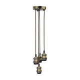LYYT ES Quad Pendant Set in antique brass, featuring four E27 lamp holders on braided cables suspended from a round ceiling rose, on a white background.