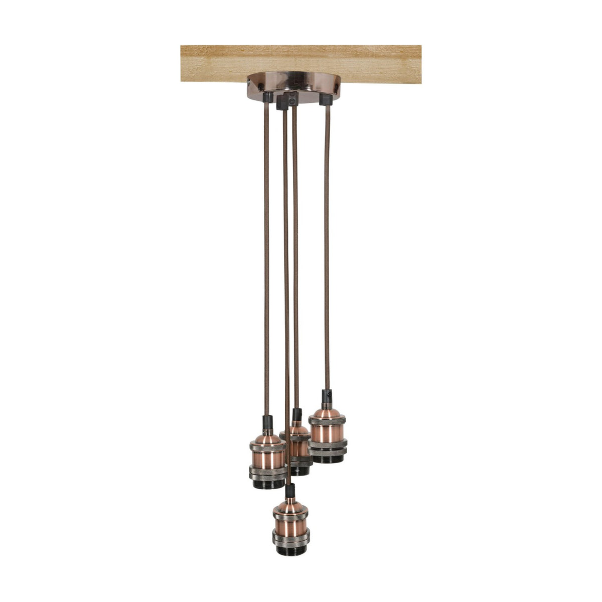 LYYT 4P-E27-ACP 4-light pendant set with antique copper ceiling rose and lamp holders on braided cables, mounted to a wooden beam.