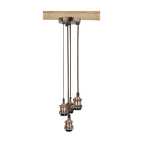 LYYT 4P-E27-ACP 4-light pendant set with antique copper ceiling rose and lamp holders on braided cables, mounted to a wooden beam.