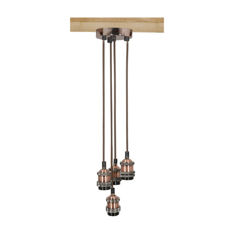 LYYT 4P-E27-ACP 4-light pendant set with antique copper ceiling rose and lamp holders on braided cables, mounted to a wooden beam.