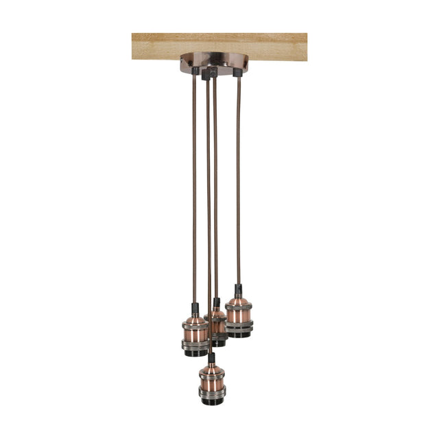 LYYT 4P-E27-ACP 4-light pendant set with antique copper ceiling rose and lamp holders on braided cables, mounted to a wooden beam.