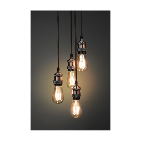 LYYT 4P-E27-ACP 4-light pendant set with antique copper lamp holders and braided cables, each fitted with a vintage-style filament bulb at staggered heights.