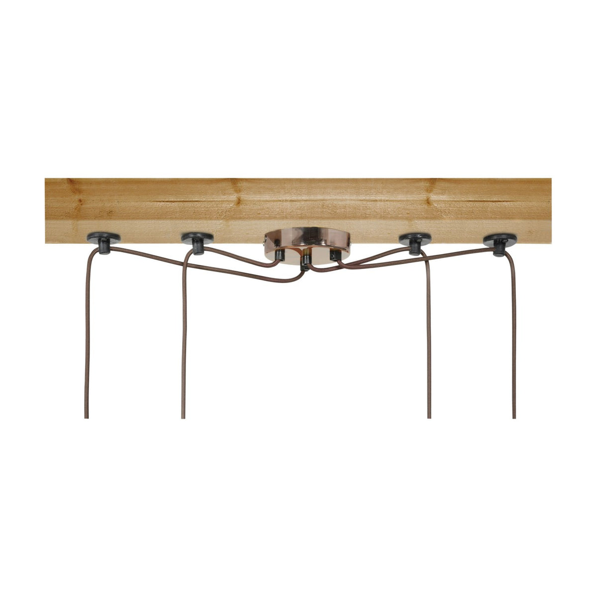 LYYT 4P-E27-ACP 4-light pendant set with antique copper ceiling rose and four braided cables spread across a wooden ceiling beam via rubber pads.