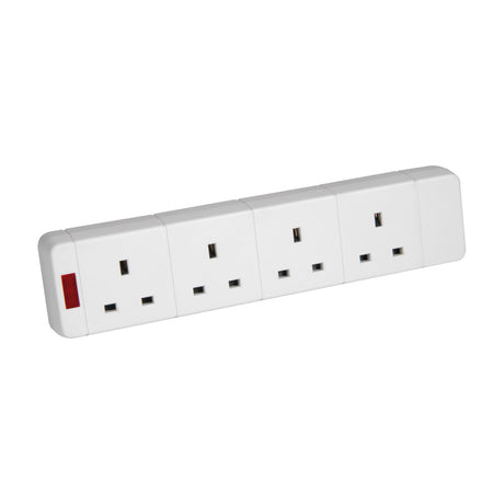 Mercury 4 gang 13A trailing socket in white polycarbonate with four UK outlets and a red neon power indicator, shown on a plain white background.
