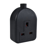 AVSL Mercury 1 Gang Rubber Trailing Socket in black, showing the UK 13A outlet on a textured rubber body with rear cable entry, on a white background.