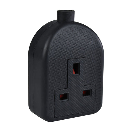 AVSL Mercury 1 Gang Rubber Trailing Socket in black, showing the UK 13A outlet on a textured rubber body with rear cable entry, on a white background.