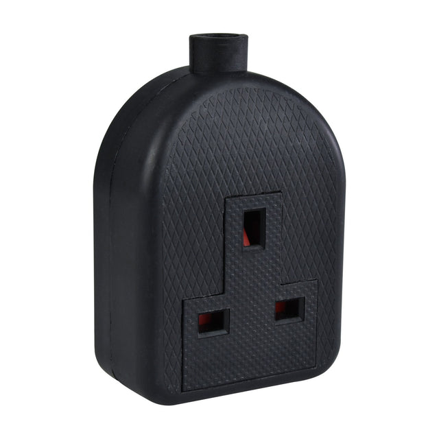 AVSL Mercury 1 Gang Rubber Trailing Socket in black, showing the UK 13A outlet on a textured rubber body with rear cable entry, on a white background.