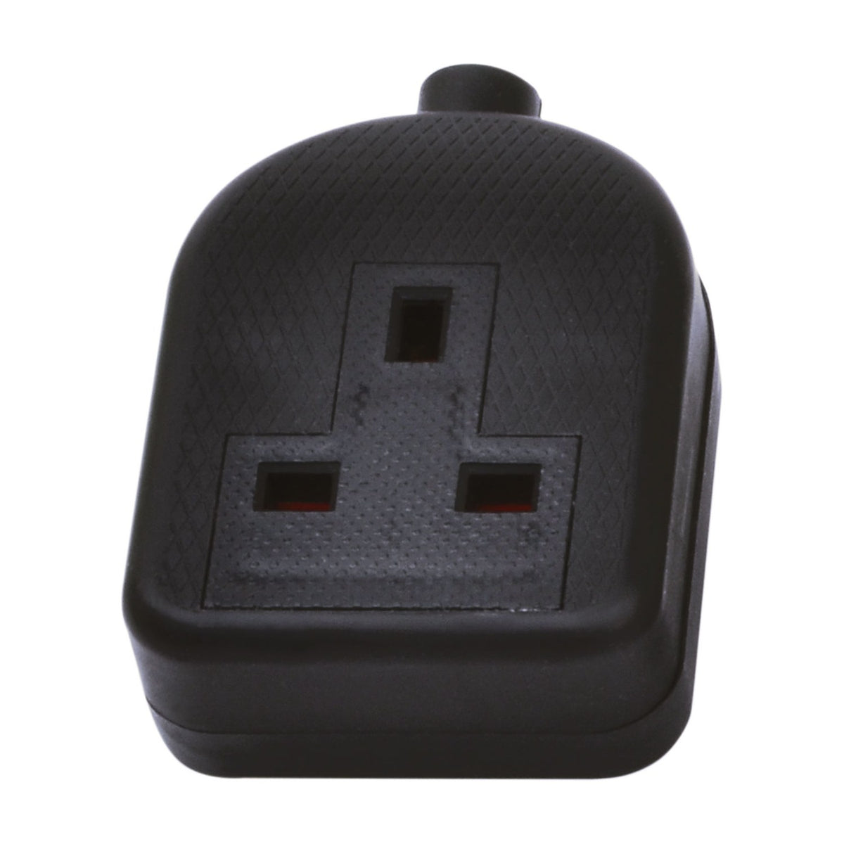 AVSL Mercury 1 Gang Rubber Trailing Socket in black with UK 13A three-pin outlet and rear cable clamp, shown on a plain white background.