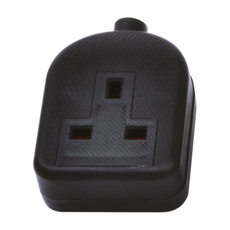 AVSL Mercury 1 Gang Rubber Trailing Socket in black with UK 13A three-pin outlet and rear cable clamp, shown on a plain white background.