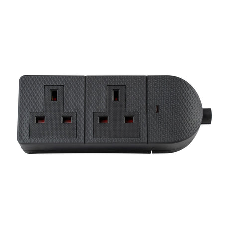 AV:Link heavy duty 2 gang 13A rewireable trailing socket in matte black TPE with textured housing and cable entry, shown on a plain white background.