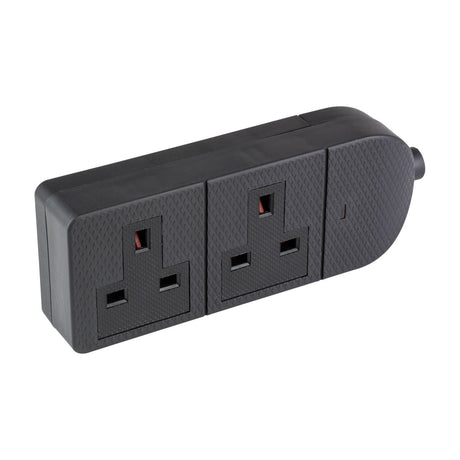 AV:Link heavy duty 2 gang 13A rewireable trailing socket in black textured TPE housing with two UK outlets, shown on a plain white background.