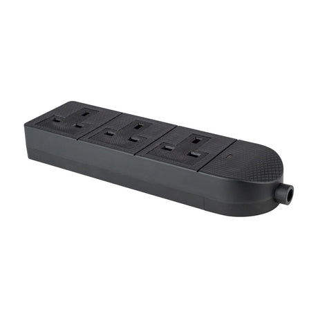 AV:Link heavy duty rewireable TPE 3 gang trailing socket in matte black with textured housing and cable entry point, shown on a plain white background.