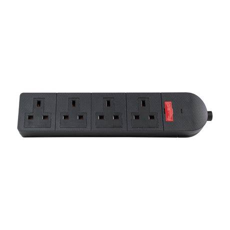 AV:Link heavy duty 4 gang 13A rewireable trailing socket in black TPE housing with red fuse tab, shown on a plain white background.