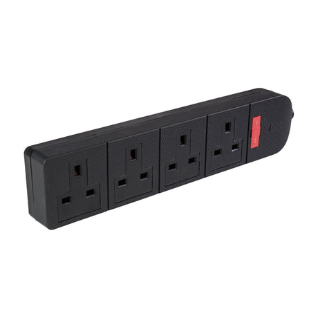 AV:Link heavy duty 4 gang 13A trailing socket in black TPE with red illuminated switch, shown at an angle on a white background.
