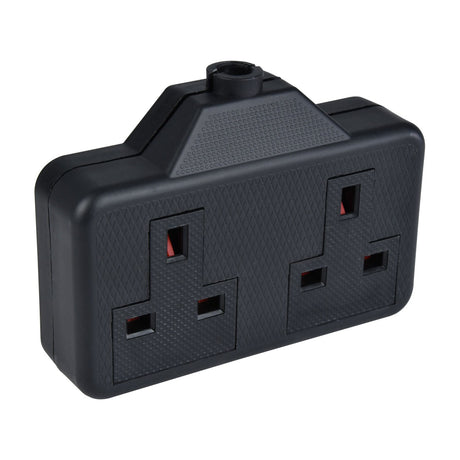Mercury 2 gang 13A rubber trailing socket in black with textured grip surface and rear cable clamp, shown on a plain white background.
