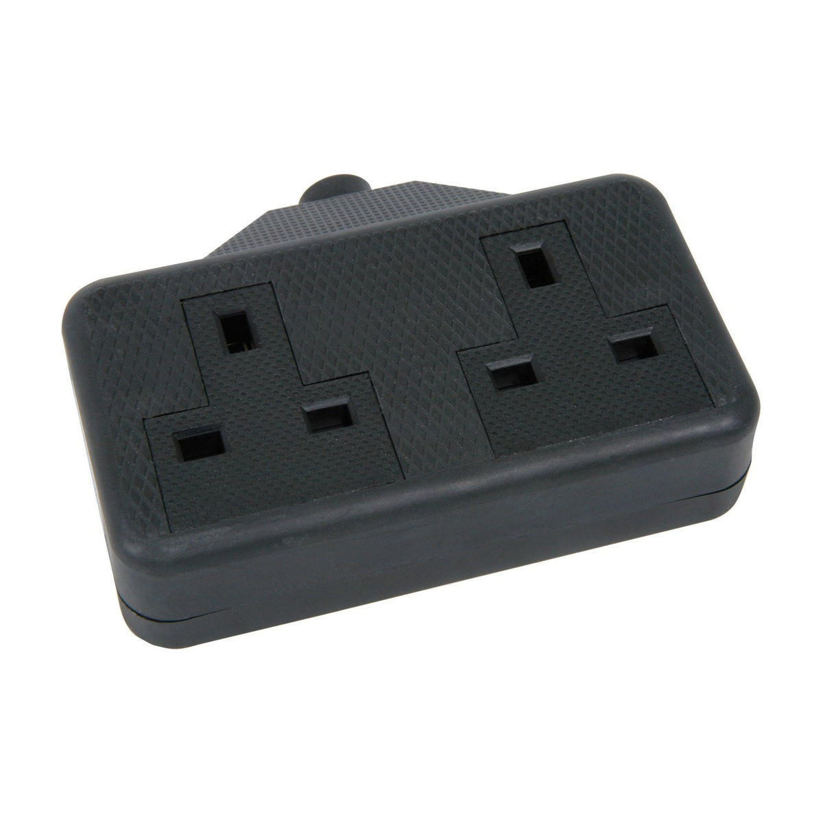 Mercury 2 gang 13A rubber trailing socket in black with textured grip surface and recessed UK outlets, shown on a plain white background.
