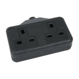 Mercury 2 gang 13A rubber trailing socket in black with textured grip surface and recessed UK outlets, shown on a plain white background.