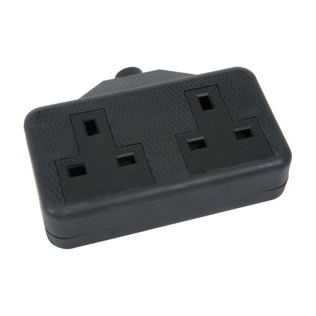 Mercury 2 gang 13A rubber trailing socket in black with textured grip surface and recessed UK outlets, shown on a plain white background.