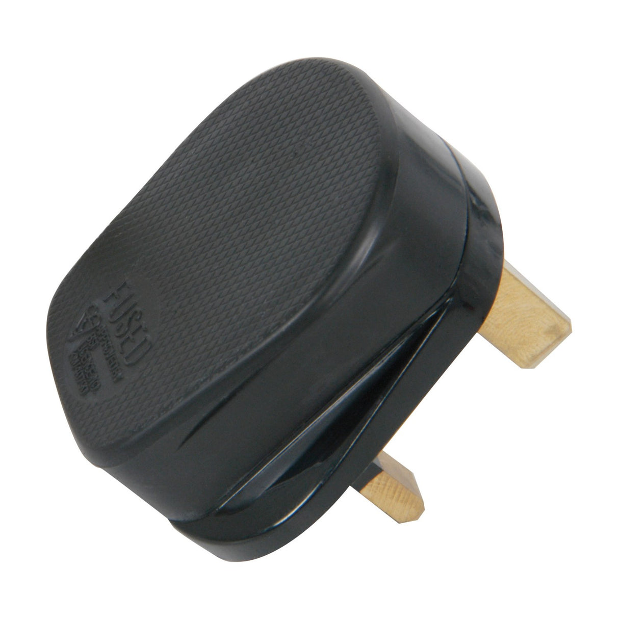 Mercury 13A UK mains plug in black rubber with three brass pins and embossed FUSED marking, shown against a plain white background.