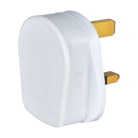 Mercury 13A rubber UK mains plug in white with brass three-pin layout, shown from the side on a plain white background.