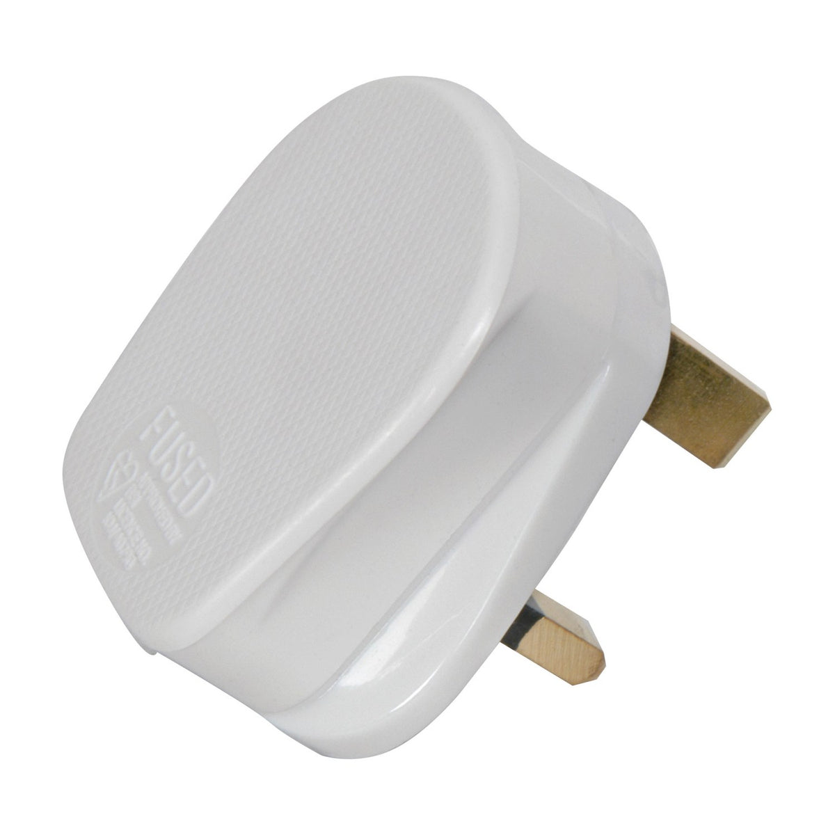 Mercury 13A white rubber UK mains three-pin fused plug with brass pins, shown on a plain white background.
