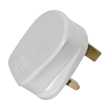 Mercury 13A white rubber UK mains three-pin fused plug with brass pins, shown on a plain white background.