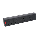 AVSL Mercury 4 Gang 13A trailing socket in black thermoplastic with red neon power indicator on the end cap, shown on a plain white background.
