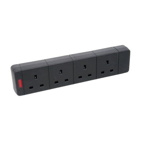 AVSL Mercury 4 Gang 13A trailing socket in black thermoplastic with red neon power indicator on the end cap, shown on a plain white background.