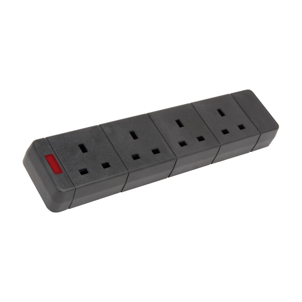 Mercury 4 Gang 13A trailing socket in black thermoplastic casing with four UK outlets and a red neon power indicator on the end cap.
