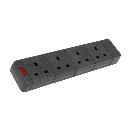 Mercury 4 Gang 13A trailing socket in black thermoplastic casing with four UK outlets and a red neon power indicator on the end cap.