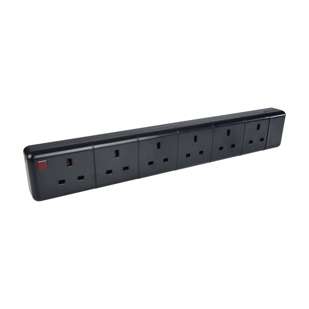 Mercury 6 gang 13A trailing socket by AVSL in black thermoplastic, showing six UK 3-pin outlets in a row with a red neon indicator at one end.