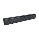 Mercury 6 gang 13A trailing socket by AVSL in black thermoplastic, showing six UK 3-pin outlets in a row with a red neon indicator at one end.