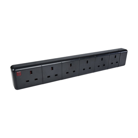 Mercury 6 gang 13A trailing socket by AVSL in black thermoplastic, showing six UK 3-pin outlets in a row with a red neon indicator at one end.