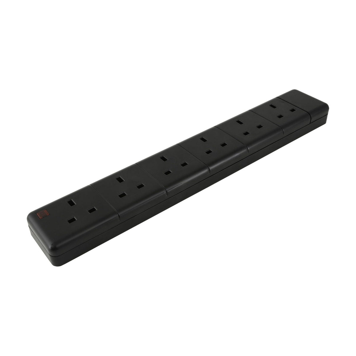 Mercury 6 gang 13A trailing socket in black thermoplastic with six UK outlets and neon indicator, shown at an angle on a plain white background.