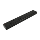 Mercury 6 gang 13A trailing socket in black thermoplastic with six UK outlets and neon indicator, shown at an angle on a plain white background.