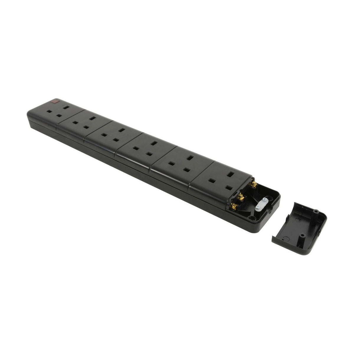 AVSL Mercury 6 Gang 13A trailing socket in black with end cap removed showing rewirable terminals, on a plain white background.