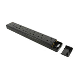 AVSL Mercury 6 Gang 13A trailing socket in black with end cap removed showing rewirable terminals, on a plain white background.