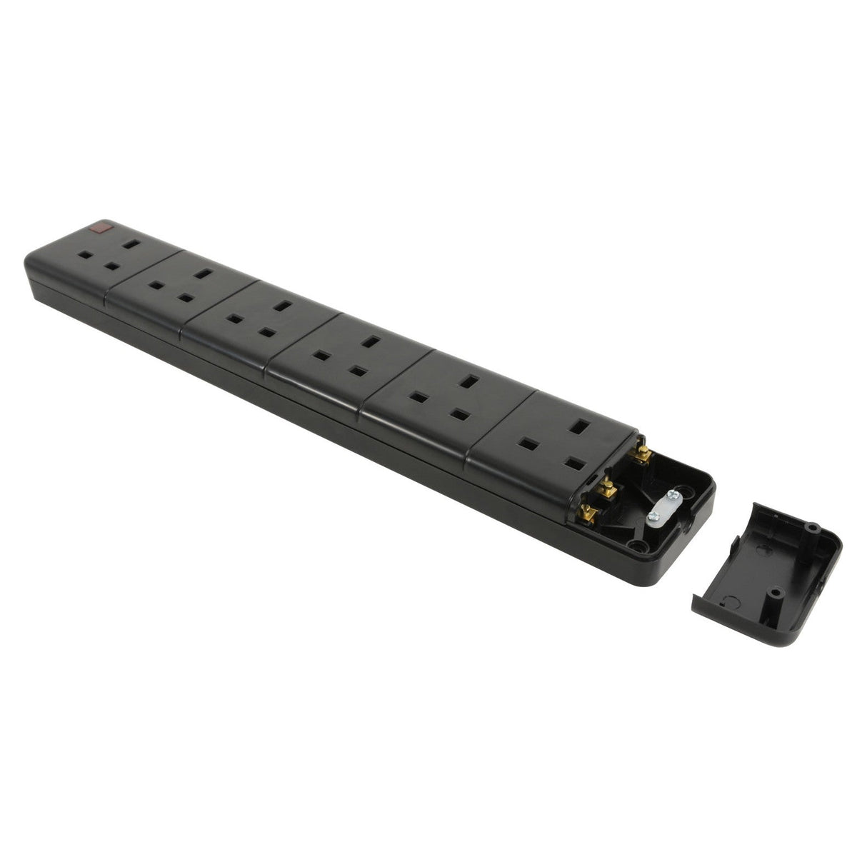 A Mercury 6 Gang 13A Trailing Socket - Black is shown with its end cover removed, exposing the internal wiring and components. The detached cover is placed next to the wall-mountable extension socket.