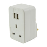 Mercury 1 way white mains adaptor with UK 13A pass-through socket and dual USB-A charging ports, shown on a plain white background.