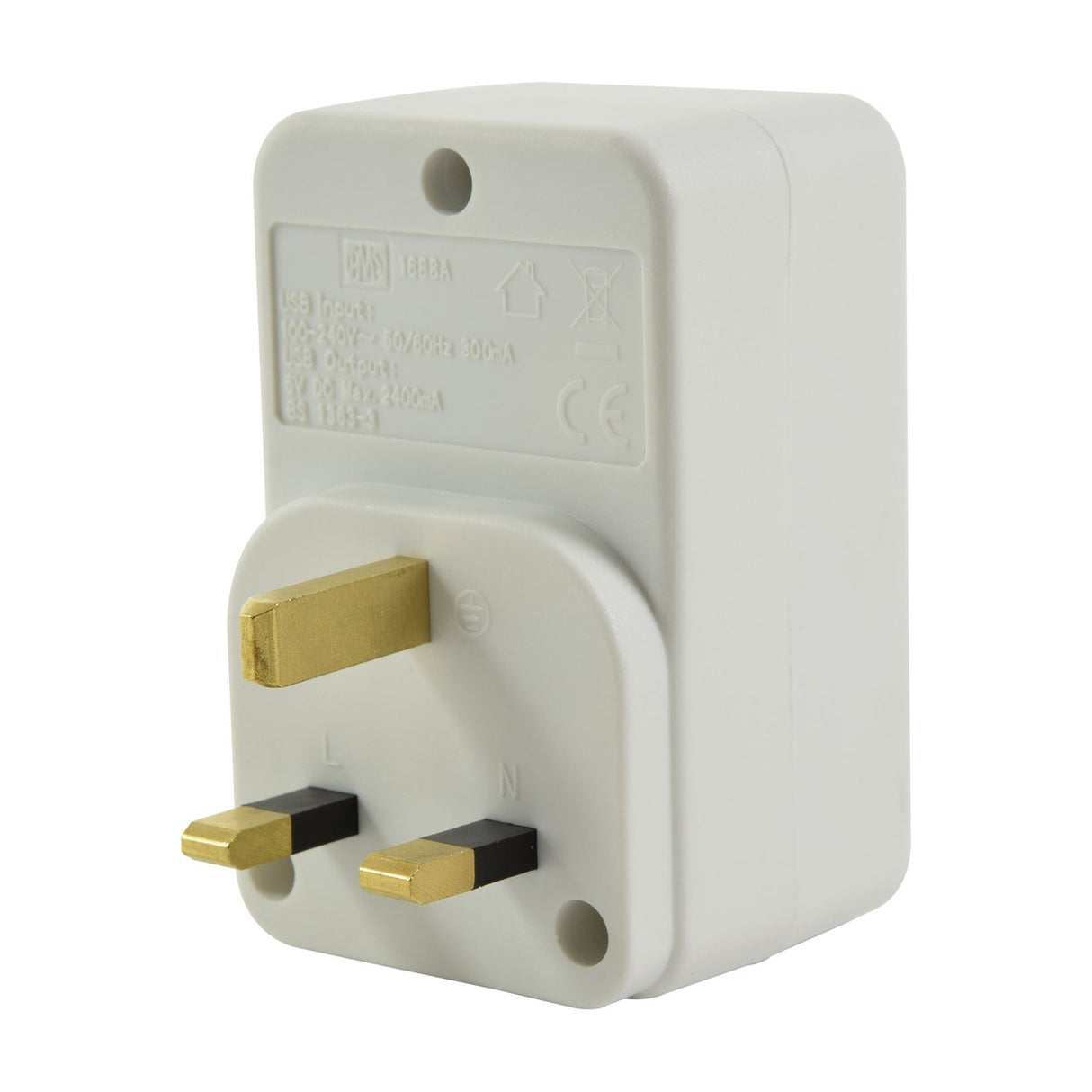 Mercury 1 way mains adaptor with dual USB ports in white plastic housing, showing UK 13A pin plug and rear specification label.