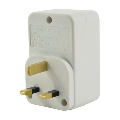 Mercury 1 way mains adaptor with dual USB ports in white plastic housing, showing UK 13A pin plug and rear specification label.