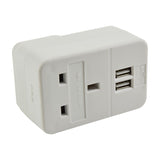 Mercury 1 way white mains adaptor by AVSL with UK 13A pass-through socket and two USB-A charging ports, shown on a plain white background.