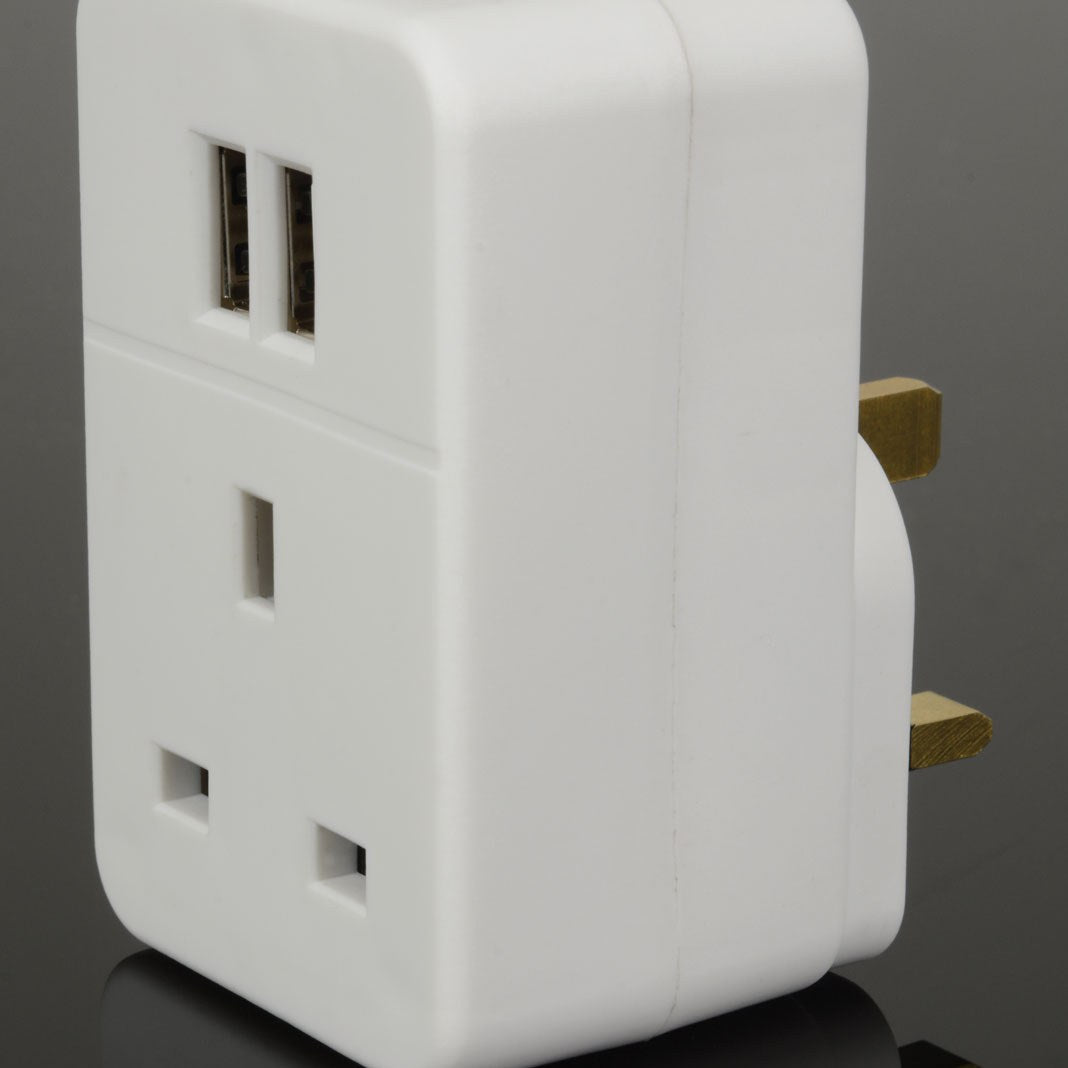 AVSL Mercury 1 Way Mains Adaptor in white, side view showing dual USB-A ports, 13A pass-through socket and UK three-pin plug.