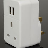 AVSL Mercury 1 Way Mains Adaptor in white, side view showing dual USB-A ports, 13A pass-through socket and UK three-pin plug.