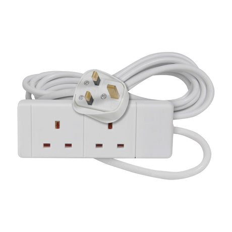 Mercury 2 gang extension lead with 2m white cable, moulded UK 13A plug and twin side-by-side sockets on a white ABS housing.