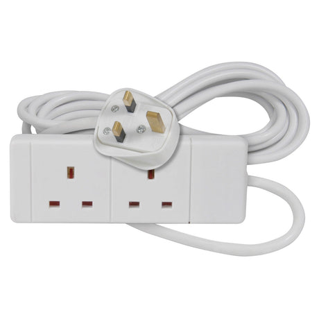 The Mercury 2 Gang Extension Lead - 2m is displayed, featuring a white color and two sockets along with a coiled cable. It complies with BS1363/A standards and includes a three-pin plug. The 13A cable is expertly looped for convenient storage or use.