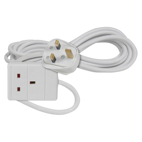 The Mercury 1 Gang Extension Lead - 5m is a coiled white extension cable built to BS1363/A Specification, featuring a UK three-pin plug on one end and a two-socket outlet on the other, capable of handling up to 13A.