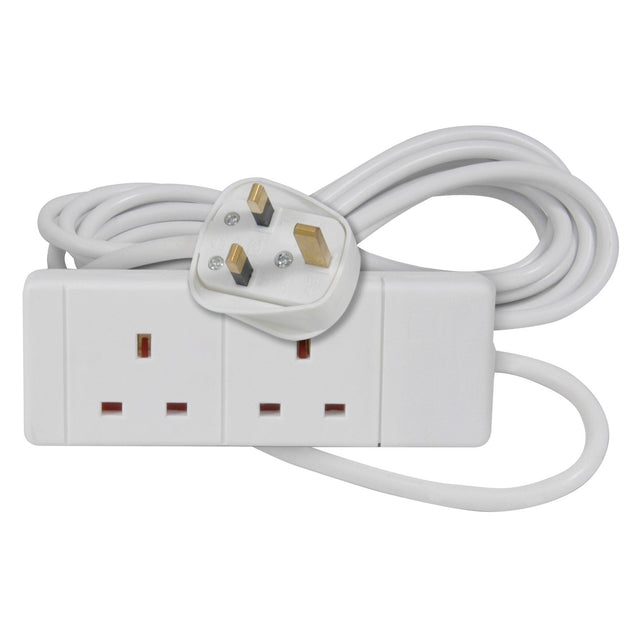 The Mercury 2 Gang Extension Lead features a white color and includes two sockets with a UK plug. Its 5.0-meter cord is neatly coiled around the plug for convenient storage.