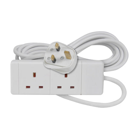 Mercury 2 gang white extension lead with 13A UK sockets, moulded 3-pin plug and coiled 3m cable, shown on a plain white background.